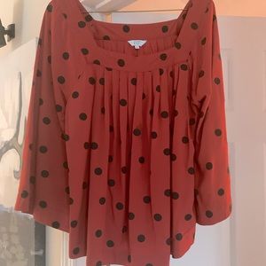 Red with black dots pleated top, never been worn